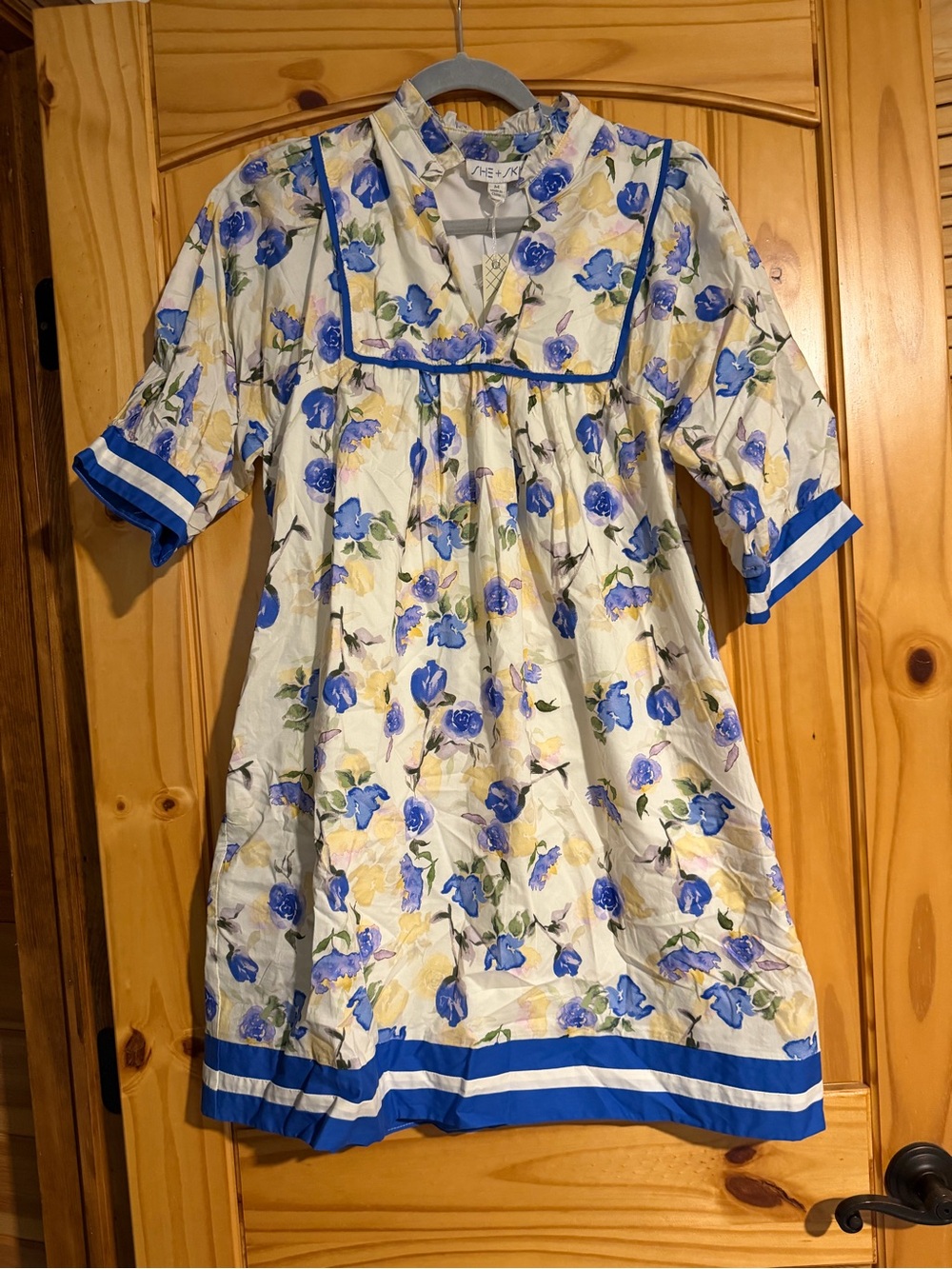 She + Sky White Floral Dress with Blue and Yellow Accents
